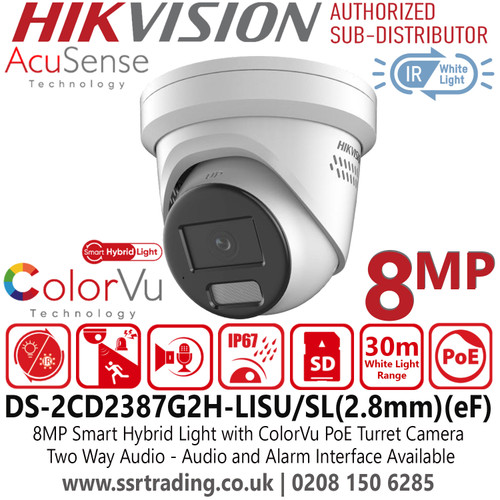Hikvision DS-2CD2387G2H-LISU/SL 8MP Smart Hybrid Light ColorVu IP PoE Turret Camera with 2.8mm Fixed Lens, Two Way Audio, 130 dB WDR, H.265+Compression