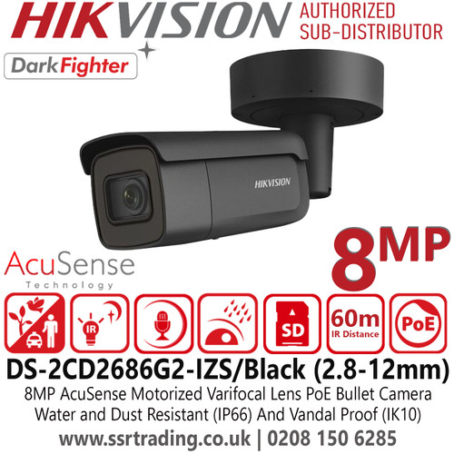 Hikvision 8MP AcuSense Motorized Varifocal Black Bullet IP PoE Camera with 2.8-12mm Lens, 60m IR Range, IP66 Water and Dust Resistant, IK10 Vandal Proof, DarkFighter Technology, H.265+Compression - DS-2CD2686G2-IZS(2.8-12mm)(C)/Black 
