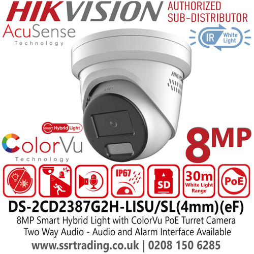 Hikvision Smart Hybrid Light ColorVu 8 MP IP PoE  Turret Camera DS-2CD2387G2H-LISU/SL with 4mm Fixed lens, Two Way Audio, 130 dB WDR Technology, (IP67) Water and Dust Resistant, Active Strobe Light, Audio and Alarm Interface