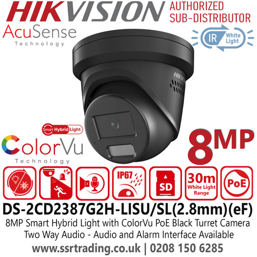 Hikvision DS-2CD2387G2H-LISU/SL 8MP Smart Hybrid Light ColorVu IP PoE Black Turret Camera with 2.8mm Fixed Lens, Two Way Audio, 130 dB WDR, H.265+Compression