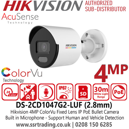 DS-2CD1047G2-LUF Hikvision 4MP AcuSense ColorVu IP PoE Bullet Camera with 2.8mm Fixed Lens, Built in Microphone, IP67 Water and Dust Resistant, 30m White Light Range