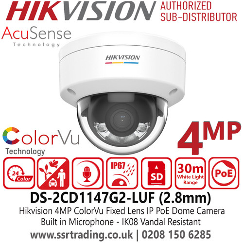 DS-2CD1147G2-LUF Hikvision 4MP AcuSense ColorVu IP PoE Dome Camera with 2.8mm Fixed Lens, Built in Microphone, IP67 Water and Dust Resistant, IK08 Vandal Resistant, 30m White Light Range, H.265+ Compression