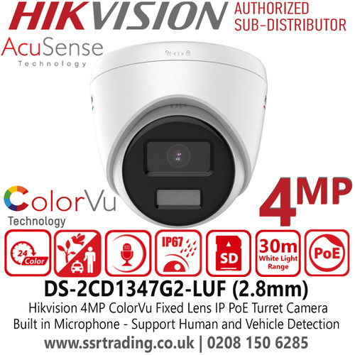 Hikvision 4MP AcuSense ColorVu IP PoE Turret Camera with 2.8mm Fixed Lens, Built in Microphone, H.265+ Compression, IP67 Water and Dust Resistant, 30m White Light Range, 120 dB WDR, Support Human and Vehicle Detection - DS-2CD1347G2-LUF