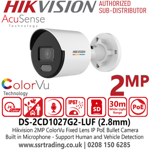 DS-2CD1027G2-LUF Hikvision 2MP AcuSense ColorVu IP Bullet Camera with 2.8mm Fixed Lens, Built in Microphone, IP67 Water and Dust Resistant, H.265+Compression, 30m White Light Range