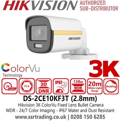 Hikvision 3K ColorVu Latest Bullet TVI Camera with 2.8mm Fixed Lens, 20m White Light Distance, 130 dB True WDR, 24/7 Color Imaging with F1.0 Aperture, IP67 Water and Dust Resistant, 1 HD Analog Output - DS-2CE10KF3T(2.8mm)
