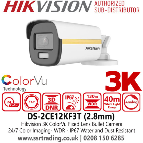 Hikvision 3K ColorVu Bullet TVI Camera with 2.8mm Fixed Lens, 40m White Light Distance, 130 dB True WDR, IP67 Water and Dust Resistant, 24/7 Color Imaging with F1.0 Aperture, 1 HD Analog Output - DS-2CE12KF3T(2.8mm)