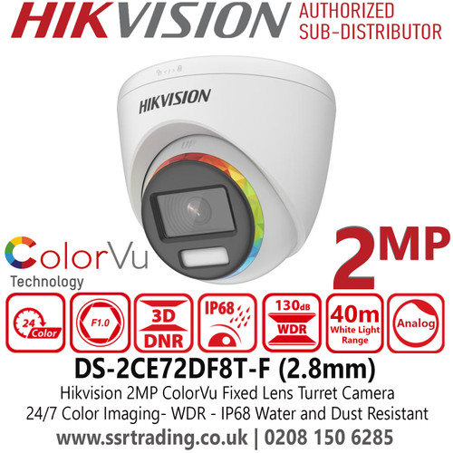 Hikvision 2MP ColorVu Latest Turret TVI Camera with 2.8mm Fixed Lens, 40m White Light Distance, 130 dB True WDR, IP68 Water and Dust Resistant, One Port for Four Switchable Signals - DS-2CE72DF8T-F