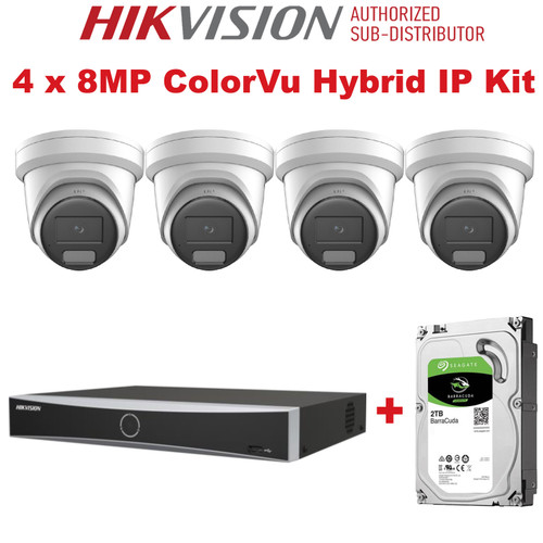 Hikvision 4 Ch NVR Kit With 4 x 8MP ColorVu Hybrid IP Cameras DS-2CD2387G2H-LIU, NVR  DS-7604NXI-K1/4P with 2TB Seagate SkyHawk Hard Drive