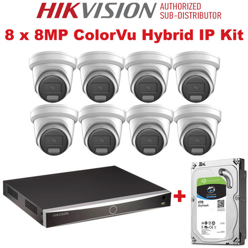 Hikvision 8Ch 2 SATA NVR Kit With 8 x 8MP ColorVu Hybrid IP CCTV Cameras Kit DS-2CD2387G2H-LIU, NVR DS-7608NXI-K2/8P with 4TB Seagate SkyHawk Hard Drive