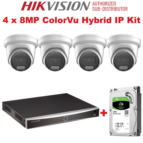 Hikvision 4 Ch NVR Kit With 4 x 8MP ColorVu Hybrid IP CCTV Cameras Kit DS-2CD2387G2H-LIU, NVR DS-7604NXI-K1/4P with 2TB Seagate SkyHawk Hard Drive