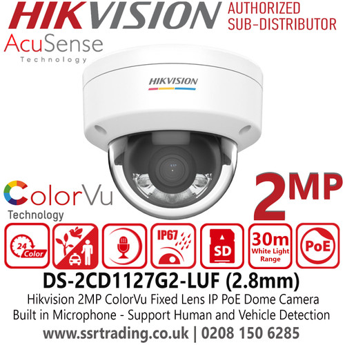 Hikvision 2MP AcuSense ColorVu IP Dome Camera With 2.8mm Fixed Lens, Built in Microphone, IP67 Water and Dust Resistant  and IK08 Vandal Resistant, 30m White Light Range - DS-2CD1127G2-LUF(2.8mm)