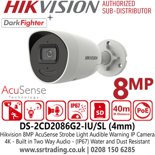 DS-2CD2086G2-IU/SL Hikvision 8MP DarkFighter AcuSense IP Bullet Camera With 4mm Fixed Focal Lens, Built in Two Way Audio, H.265+ Compression