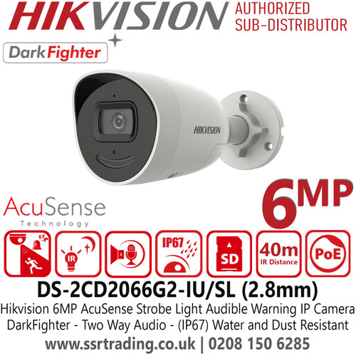 Hikvision 6MP AcuSense DarkFighter Latest CCTV IP Bullet Camera With 2.8mm Fixed Focal Lens, Active Strobe Light, Built in Two Way Audio, H.265+ Compression, (IP67) Water and Dust Resistant, 120 dB True WDR - DS-2CD2066G2-IU/SL(2.8mm)