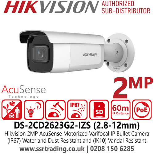 DS-2CD2623G2-IZS Hikvision 2MP AcuSense 2.8-12mm Motorized Varifocal IP Bullet Camera With H.265+ Compression, Water and (IP67) Dust Resistant and (IK10) Vandal Resistant
