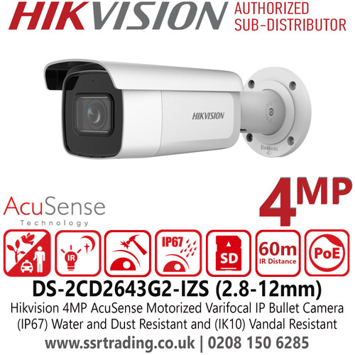 Hikvision 4MP AcuSense Motorized Varifocal Latest IP Bullet Camera With H.265+ Compression, 120 dB WDR, Water and Dust Resistant (IP67) and Vandal Resistant (IK10) - DS-2CD2643G2-IZS(2.8-12mm)