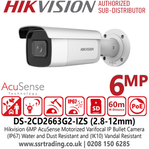 Hikvision 6MP AcuSense Motorized Varifocal IP Bullet Camera With H.265+ Compression, 120 dB true WDR, Water and Dust Resistant (IP67) and Vandal Resistant (IK10) - DS-2CD2663G2-IZS(2.8-12mm)