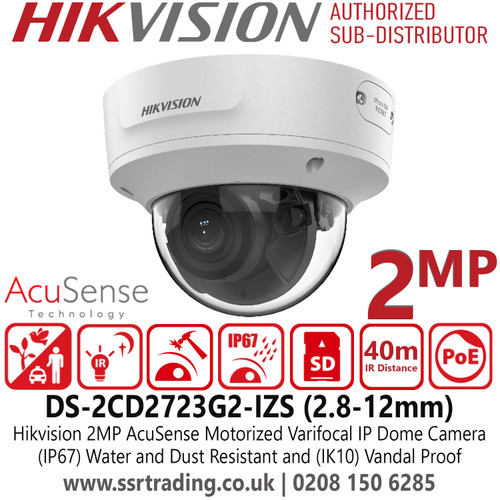 Hikvision 2MP AcuSense Motorized Varifocal IP Dome Camera With (IP67) Water and Dust Resistant and (IK10) Vandal Proof, H.265+ Compression, 120 dB WDR - DS-2CD2723G2-IZS(2.8-12mm)