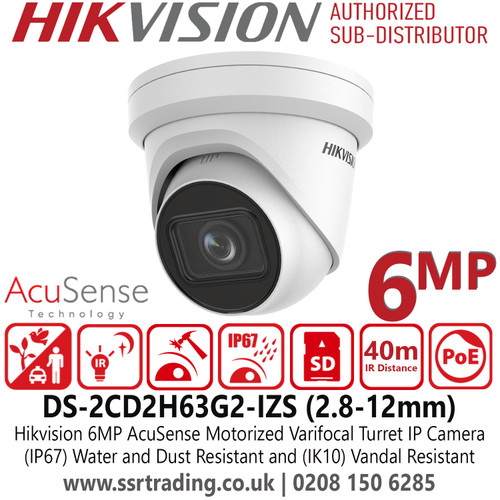 Hikvision 6MP AcuSense Motorized Varifocal IP Turret Camera With H.265+Compression, (IP67) Water and Dust Resistant and (IK10) Vandal Resistant, 120 dB True WDR - DS-2CD2H63G2-IZS(2.8-12mm)