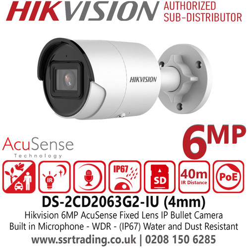 DS-2CD2063G2-IU Hikvision 6MP AcuSense IP Bullet Camera With 4mm Fixed Lens, Built in Microphone, H.265+ Compression, (IP67) Water and Dust Resistant