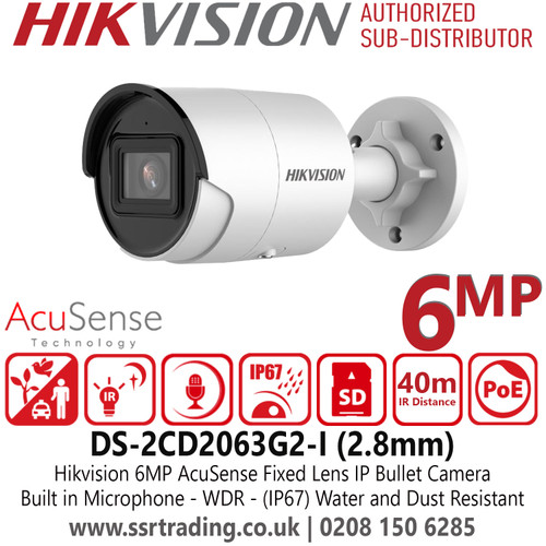 Hikvision 6MP AcuSense IP Bullet Camera With 2.8mm Fixed Lens, Built in Microphone, (IP67) Water and Dust Resistant, H.265+ Compression - DS-2CD2063G2-I(2.8mm)