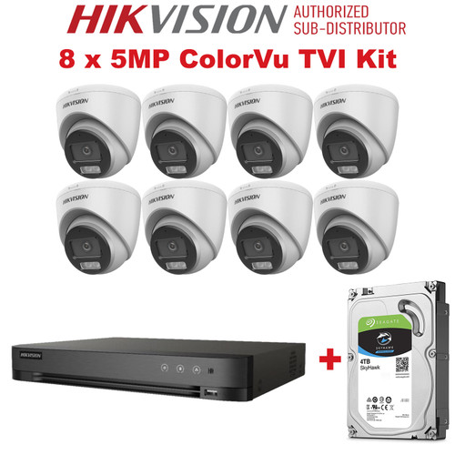 Hikvision 8Ch DVR Kit With 8 x 5MP 2.8mm (DS-2CE72KF0T-LFS) Hybrid Audio Colorvu Turret Camera, Hikvision 8Ch 8MP iDS-7208HUHI-M1/S(C) AcuSense AoC DVR & 4TB Seagate SkyHawk Surveillance Hard Drive