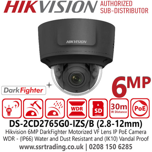 Hikvision DS-2CD2765G0-IZS 6MP DarkFighter IP Black Dome Camera With 2.8-12mm Motorized Varifocal Lens, H.265+ Compression