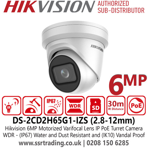 Hikvision 6MP Motorized Varifocal Lens Latest IP Turret Camera With Water and Dust Resistant (IP67) and Vandal Proof (IK10), 30m IR Range, H.265+ Compression - DS-2CD2H65G1-IZS(2.8-12mm)