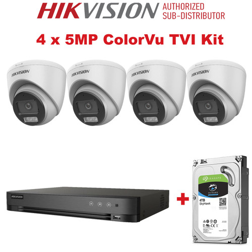 Hikvision 4 Channel Complete CCTV DVR System Kit With 4 x 5MP 2.8mm (DS-2CE72KF0T-LFS) Hybrid Audio Colorvu TVI Turret Camera, Hikvision 4Ch 8MP iDS-7204HUHI-M1/S(C) AcuSense AoC DVR & 4TB Seagate SkyHawk Surveillance Hard Drive
