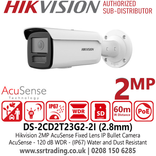 Hikvision 2MP AcuSense IP Bullet Camera With 2.8mm Fixed Lens, H.265+ Compression, Water and Dust Resistant (IP67), WDR - DS-2CD2T23G2-2I(2.8mm)
