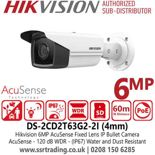 Hikvision 6MP AcuSense Latest IP Bullet Camera With 4mm Fixed Lens, H.265+ Compression, WDR, Water and Dust Resistant (IP67) - DS-2CD2T63G2-2I(4mm)