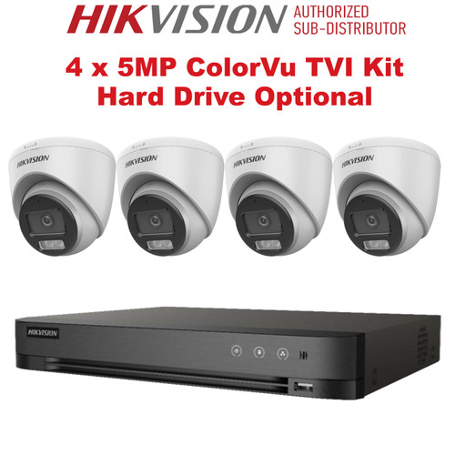 Hikvision 4 Channel CCTV DVR System Kit With 4 x 5MP 2.8mm (DS-2CE72KF0T-LFS) Hybrid Audio Colorvu TVI Turret Camera, Hikvision 4Ch 8MP iDS-7204HUHI-M1/S(C) AcuSense AoC DVR & Hard Drive Optional