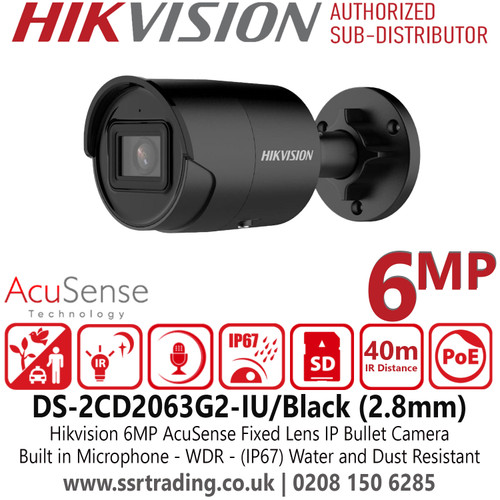 Hikvision 6MP AcuSense Latest Black IP Bullet Camera With 2.8mm Fixed Lens, Built in Microphone, Water and Dust Resistant (IP67), H.265+ Compression, WDR - DS-2CD2063G2-IU(2.8mm)