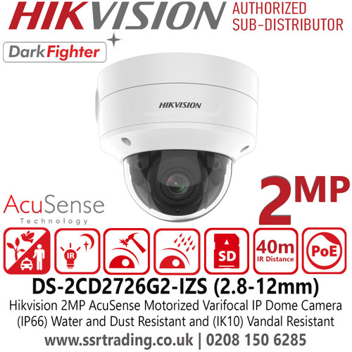 Hikvision 2MP AcuSense DarkFighter Latest IP Dome Camera With 2.8-12mm Motorized Varifocal Lens, Water and Dust Resistant (IP66) and Vandal Resistant (IK10), H.265+ Compression, WDR - DS-2CD2726G2-IZS(2.8-12mm)