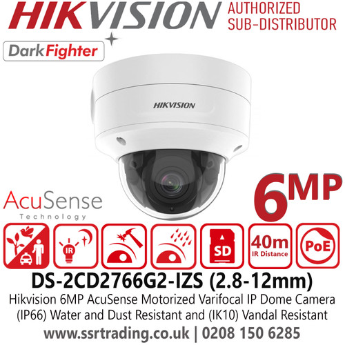 Hikvision 6MP AcuSense DarkFighter IP Dome Camera With 2.8-12mm Motorized Varifocal Lens, H.265+ Compression, WDR - DS-2CD2766G2-IZS(2.8-12mm)