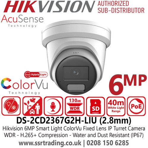 Hikvision 6MP AcuSense Smart Hybrid Light ColorVu Latest IP Turret Camera With 2.8mm Fixed Lens, Built in Microphone, H.265+ Compression, WDR, Water and Dust Resistant (IP67) - DS-2CD2367G2H-LIU(2.8mm)