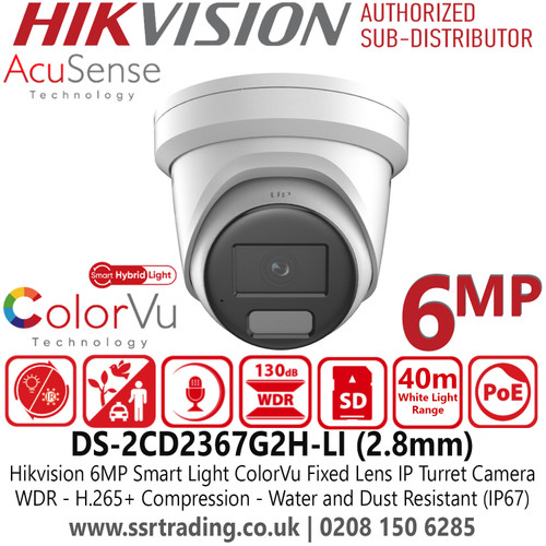 Hikvision 6MP AcuSense Smart Hybrid Light ColorVu IP Turret Camera With 2.8mm Fixed Lens, Built in Microphone, Water and Dust Resistant (IP67) - DS-2CD2367G2H-LI(2.8mm)