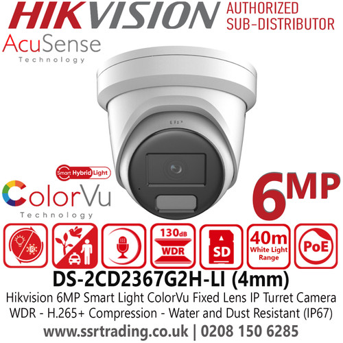 Hikvision 6MP AcuSense Smart Hybrid Light ColorVu Latest IP Turret Camera With 4mm Fixed Lens, Built in Microphone, Water and Dust Resistant (IP67), WDR, H.265+ Compression - DS-2CD2367G2H-LI(4mm)