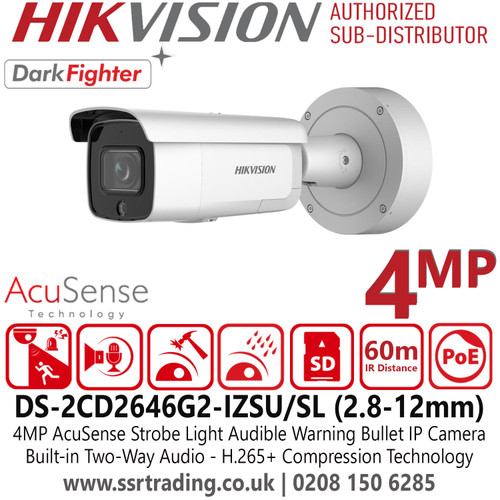 DS-2CD2646G2-IZSU/SLHikvision 4MP AcuSense Strobe Light and Audible Warning Motorized Varifocal 2.8-12mm Lens Bullet IP PoE Camera with 60m IR Range, Two Way Audio, Built in Mic, Water And Dust Resistant (IP66) And Vandal Resistant (IK10)