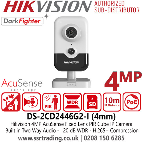 Hikvision 4MP Cube IP PoE CCTV Camera with 4mm Fixed Lens, 10m IR Range, WDR, DarkFighter/AcuSense Technology, Built-In Two-Way Audio, H.265+ Compression Technology - DS-2CD2446G2-I (4mm) 