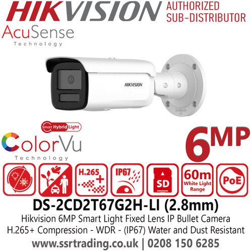 DS-2CD2T67G2H-LI (2.8mm) Hikvision 6MP Smart Hybrid Light with ColorVu Fixed Lens Bullet IP PoE Camera with 2.8mm Fixed Lens, 60m White Light Range, WDR, IP67 Water and Dust Resistant