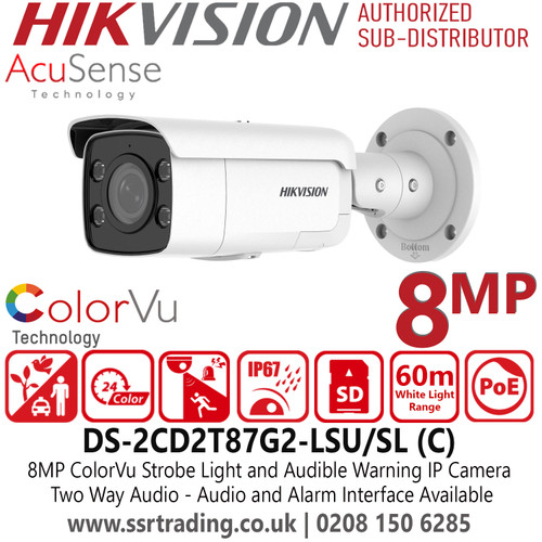 DS-2CD2T87G2-LSU/SL(4MM) Hikvision 8MP ColorVu Strobe Light and Audible Warning Fixed Lens Bullet IP PoE Camera with 4mm Fixed Lens, 24/7 Colorful Imaging, IP67 Water and Dust Resistant 