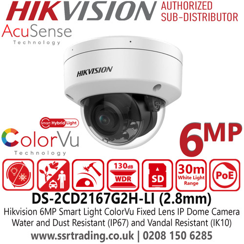 DS-2CD2167G2H-LI Hikvision 6MP AcuSense Smart Hybrid Light ColorVu IP Dome Camera With 2.8mm Fixed Lens