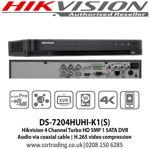 Hikvision DS-7204HUHI-K1(S) 4 Channel Turbo HD DVR 5MP 1 SATA Audio via coaxial cable H.265 video compression HDTVI/AHD/CVI/CVBS/IP video input