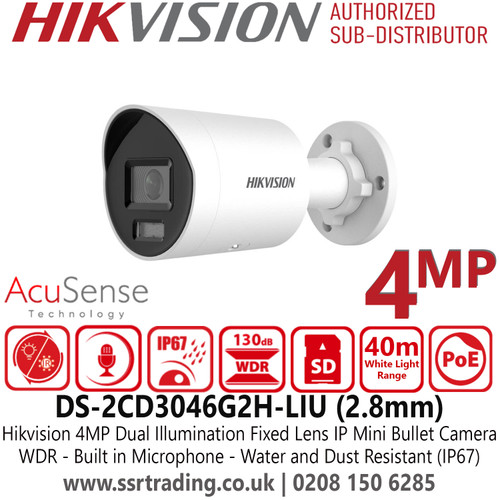 DS-2CD3046G2H-LIU Hikvision 4MP AcuSense Dual Illumination IP Bullet Camera With 2.8mm Fixed Lens, Built in Microphone