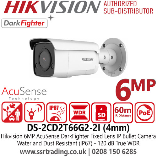 Hikvision 6MP AcuSense DarkFighter IP Bullet Camera With 4mm Fixed Lens, H.265+ Compression, 120 dB true WDR - DS-2CD2T66G2-2I(4mm)