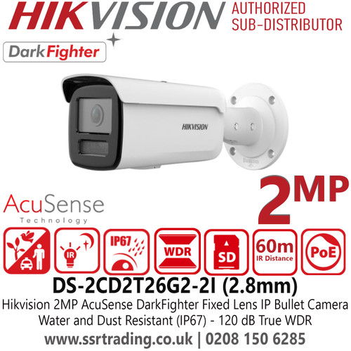 DS-2CD2T26G2-2I Hikvision 2MP AcuSense DarkFighter IP Bullet Camera With 2.8mm Fixed Lens