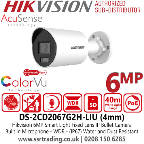 Hikvision 6MP AcuSense Smart Light ColorVu Latest IP PoE Bullet Camera With 4mm Fixed Lens, Built in Microphone, 130 dB WDR, Water and Dust Resistant (IP67) - DS-2CD2067G2H-LIU(4mm)