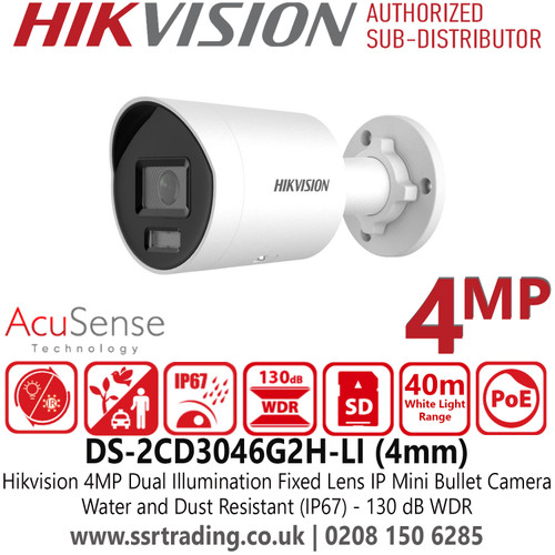 Hikvision 4MP AcuSense Dual Illumination Latest IP Bullet Camera With 4mm Fixed Lens, Smart Dual Light, 130 dB WDR, H.265+ Compression, Water and Dust Resistant (IP67) - DS-2CD3046G2H-LI(4mm)