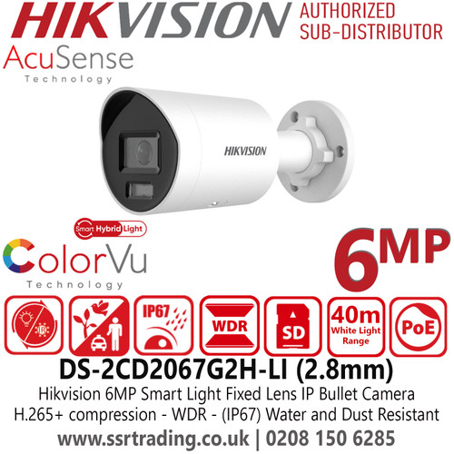 Hikvision 6MP AcuSense Smart Hybrid Light ColorVu Latest IP Bullet Camera With 2.8mm Fixed Lens, 130 dB WDR, H.265+ Compression, Water and Dust Resistant (IP67) - DS-2CD2067G2H-LI(2.8mm)