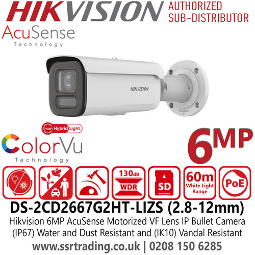 Hikvision 6MP Smart Hybrid Light ColorVu Motorized VF IP PoE Bullet Camera - DS-2CD2667G2HT-LIZS(2.8-12mm)